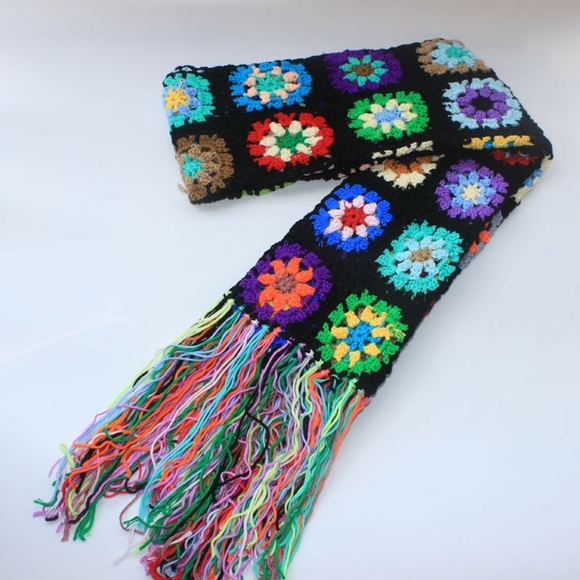 Black & Multicolor Granny Square Crochet Scarf - Picture 3 of 13